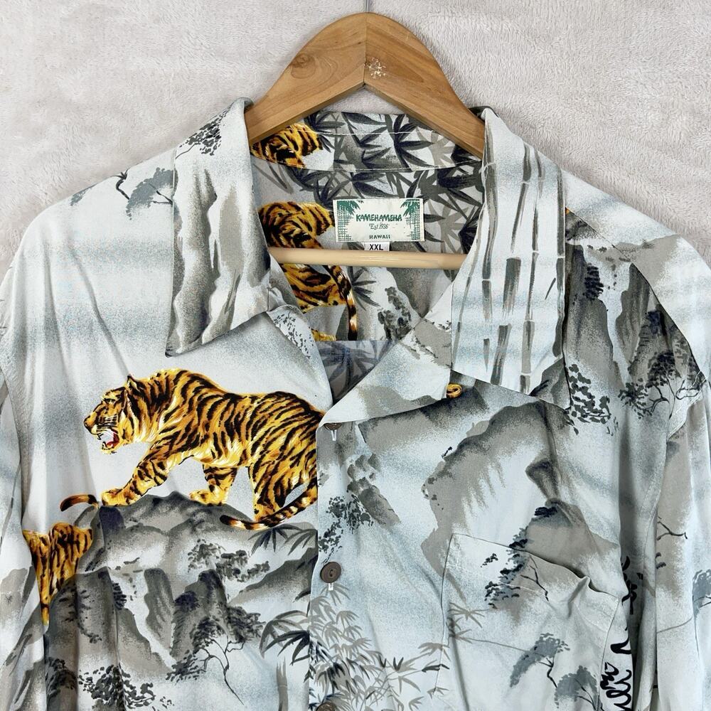 Vtg Kamehameha L/S Hawaiian Shirt XXL Tiger In Bamboo Rayon Coconut Button Rare